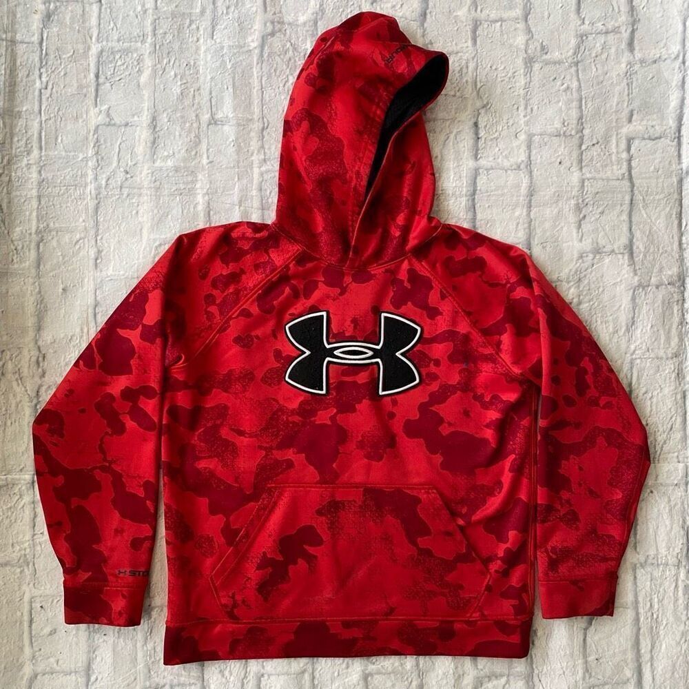 Under armour storm youth L loose fit pullover camo print hoodie red/black